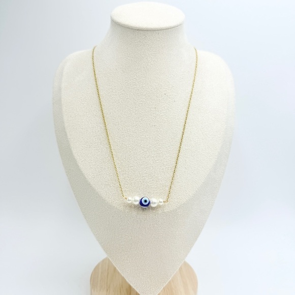 None Jewelry - Gold Tone Chain Necklace with Evil Eye and Faux Pearl Beads